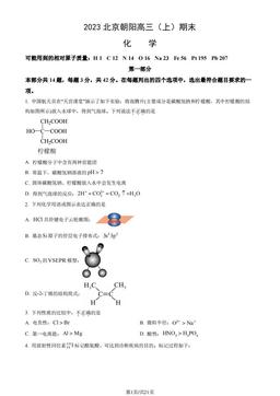 2023北京朝阳高三（上）期末化学（教师版）-答案