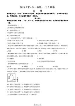 2025北京大兴一中高一（上）期中生物（教师版）-答案