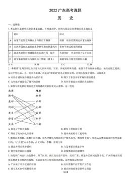 2022广东高考真题历史（教师版）-答案