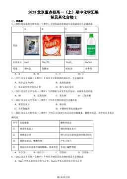 2023北京重点校高一（上）期中化学汇编：钠及其化合物2-答案