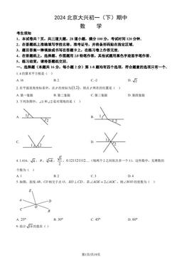 2024北京大兴初一（下）期中数学（教师版）-答案