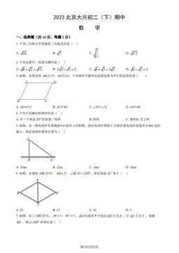 2023北京大兴初二（下）期中数学（教师版）-答案