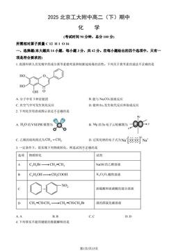 2025北京工大附中高二（下）期中化学（教师版）-答案