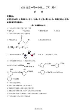 2025北京一零一中高二（下）期中化学（教师版）-答案