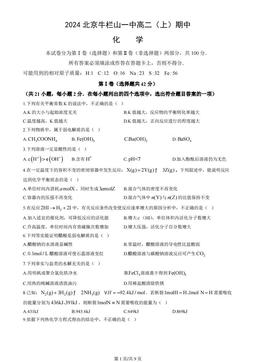 2024北京牛栏山一中高二（上）期中化学-答案