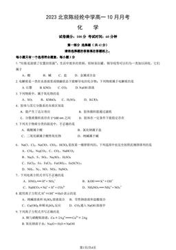 2023北京陈经纶中学高一10月月考化学（教师版）-答案