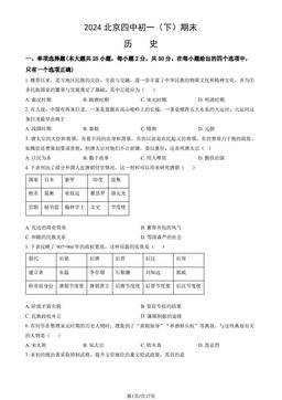 2024北京四中初一（下）期末历史（教师版）-答案