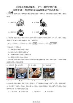 2023北京重点校高一（下）期中化学汇编：实验活动4 用化学沉淀法去除粗盐中的杂质离子-答案