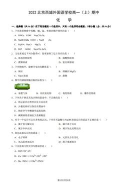 2022北京西城外国语学校高一（上）期中化学（教师版）-答案