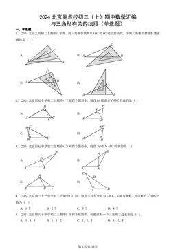 2024北京重点校初二（上）期中数学汇编：与三角形有关的线段（单选题） -答案