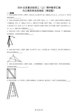 2024北京重点校初二（上）期中数学汇编：与三角形有关的线段（填空题） -答案