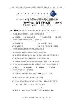 2024北京工大附中高一10月月考化学-答案
