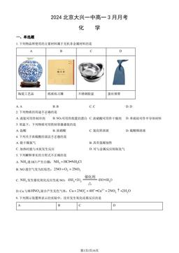 2024北京大兴一中高一3月月考化学（教师版）-答案
