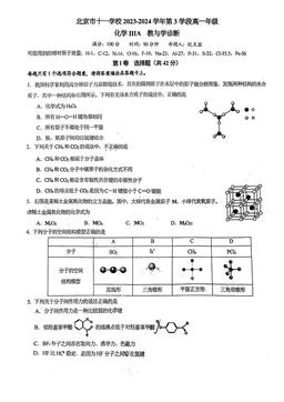 2024北京十一学校高一（下）期中化学（IIIA）-答案