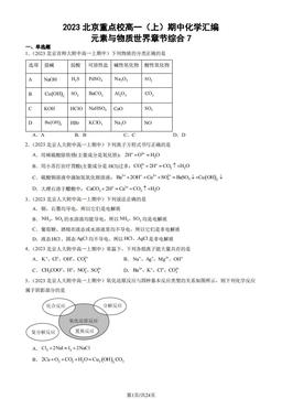 2023北京重点校高一（上）期中化学汇编：元素与物质世界章节综合7-答案