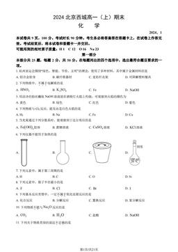 2024北京西城高一（上）期末化学（教师版）-答案