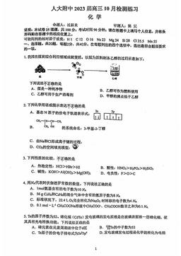 2022北京人大附高三10月月考化学（图片版）-试题