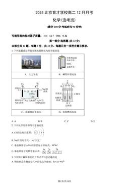 2024北京育才学校高二12月月考化学（选考）（教师版）-答案