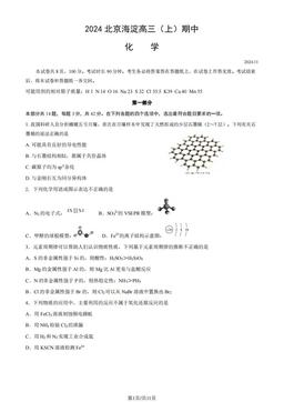 2024北京海淀高三（上）期中化学（教师版）-答案