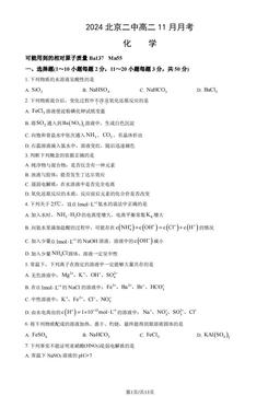 2024北京二中高二11月月考化学 (教师版)-答案