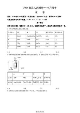 2024北京人大附高一10月月考化学（教师版）-答案