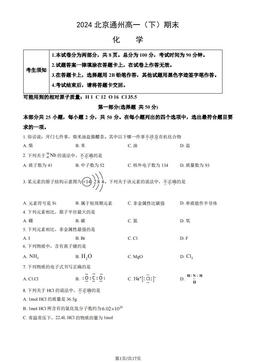 2024北京通州高一（下）期末化学（教师版）-答案