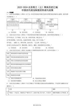 2022-2024北京高三（上）期末历史汇编：中国古代政治制度的形成与发展-答案