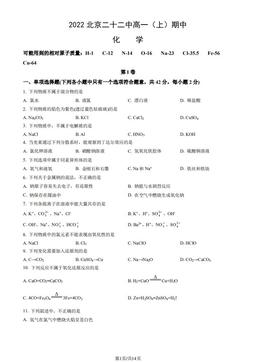 2022北京二十二中高一（上）期中化学（教师版）-答案