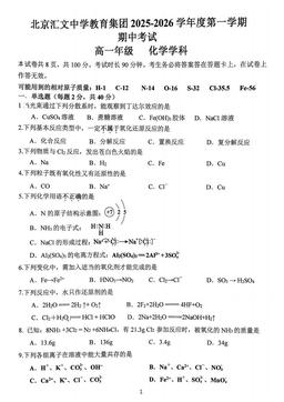 2025北京汇文中学高一（上）期中化学（教师版）-答案
