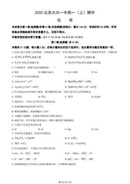 2025北京大兴一中高一（上）期中化学（教师版）-答案