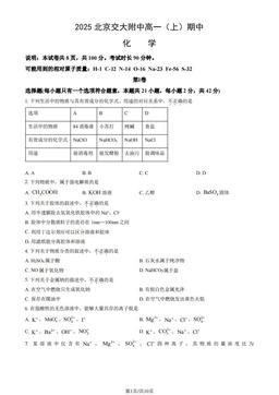 2025北京交大附中高一（上）期中化学（教师版）-答案