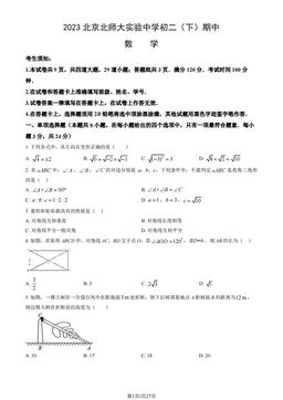 2023北京北师大实验中学初二（下）期中数学（教师版）-答案