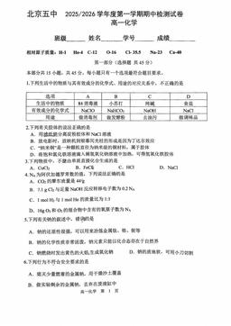 2025北京五中高一（上）期中化学（教师版）-答案