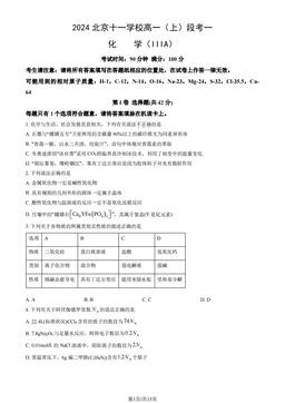 2024北京十一学校高一（上）段考一化学（IIIA）（教师版）-答案
