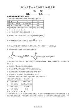 2023北京一六六中高三10月月考化学（教师版）-答案