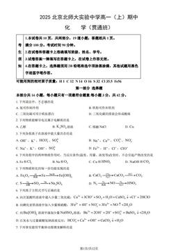 2025北京北师大实验中学高一（上）期中化学（贯通班）（教师版）-答案