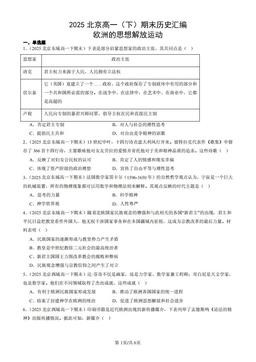 2025北京高一（下）期末历史汇编：欧洲的思想解放运动-答案
