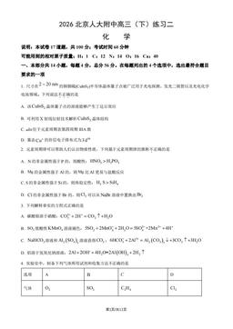 2026北京人大附中高三（下）练习二化学（教师版）-答案