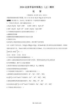 2024北京平谷中学高二（上）期中化学（教师版）