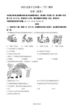 2025北京十三中高一（下）期中化学（选考）（教师版）-答案