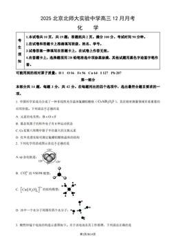 2025北京北师大实验中学高三12月月考化学（教师版）-答案