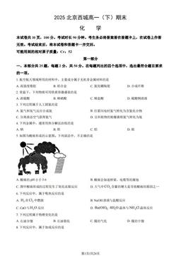 2025北京西城高一（下）期末化学（教师版）-答案