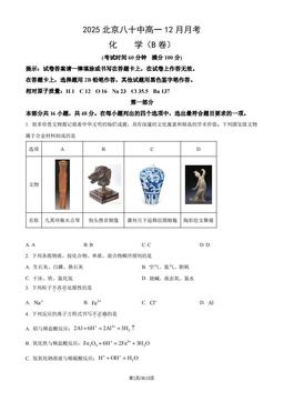 2025北京八十中高一12月月考化学（B卷）（教师版）-答案