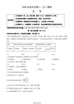 2026北京大兴高一（上）期末化学（教师版）-答案