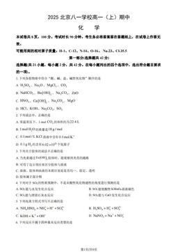 2025北京八一学校高一（上）期中化学（教师版）-答案