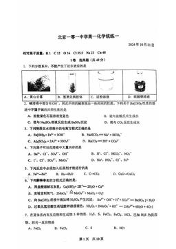 2024北京一零一中高一（上）统练一化学（教师版）-答案