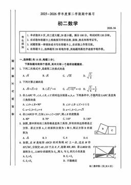 2026北京大兴初二（下）期中数学（教师版）-答案
