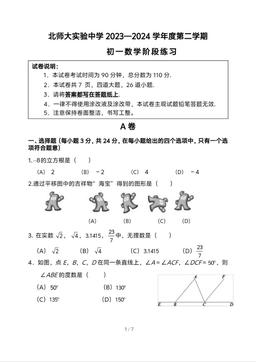 2024北京北师大实验中学初一3月月考数学-答案
