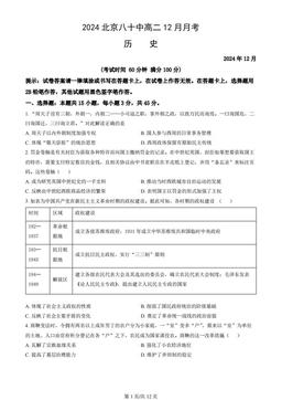 2024北京八十中高二12月月考历史（教师版）